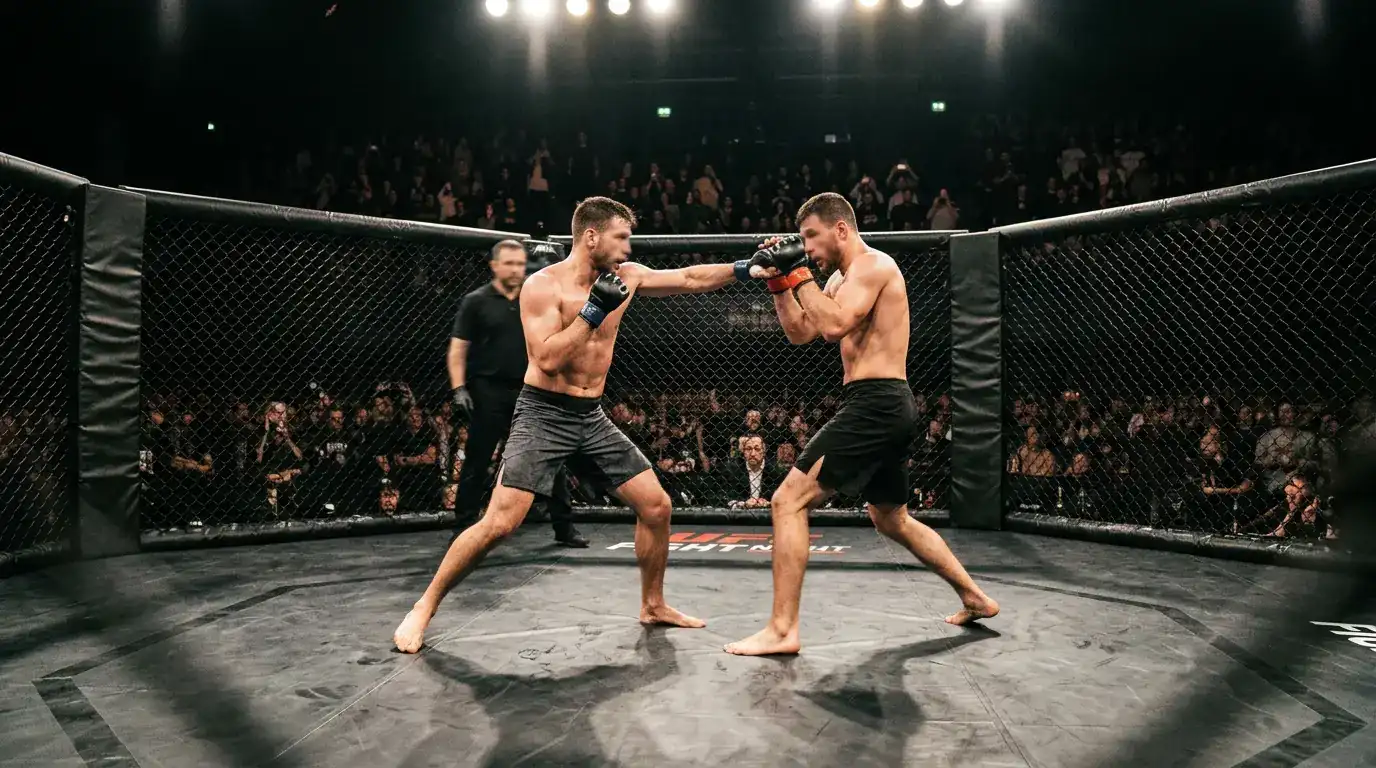 UFC fight night broadcast showing the octagon under stadium lights during a main event