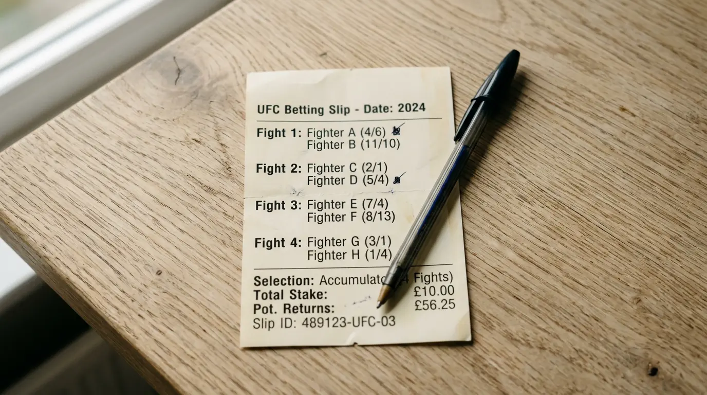 Printed British betting slip showing UFC fight fractional odds and decimal conversion